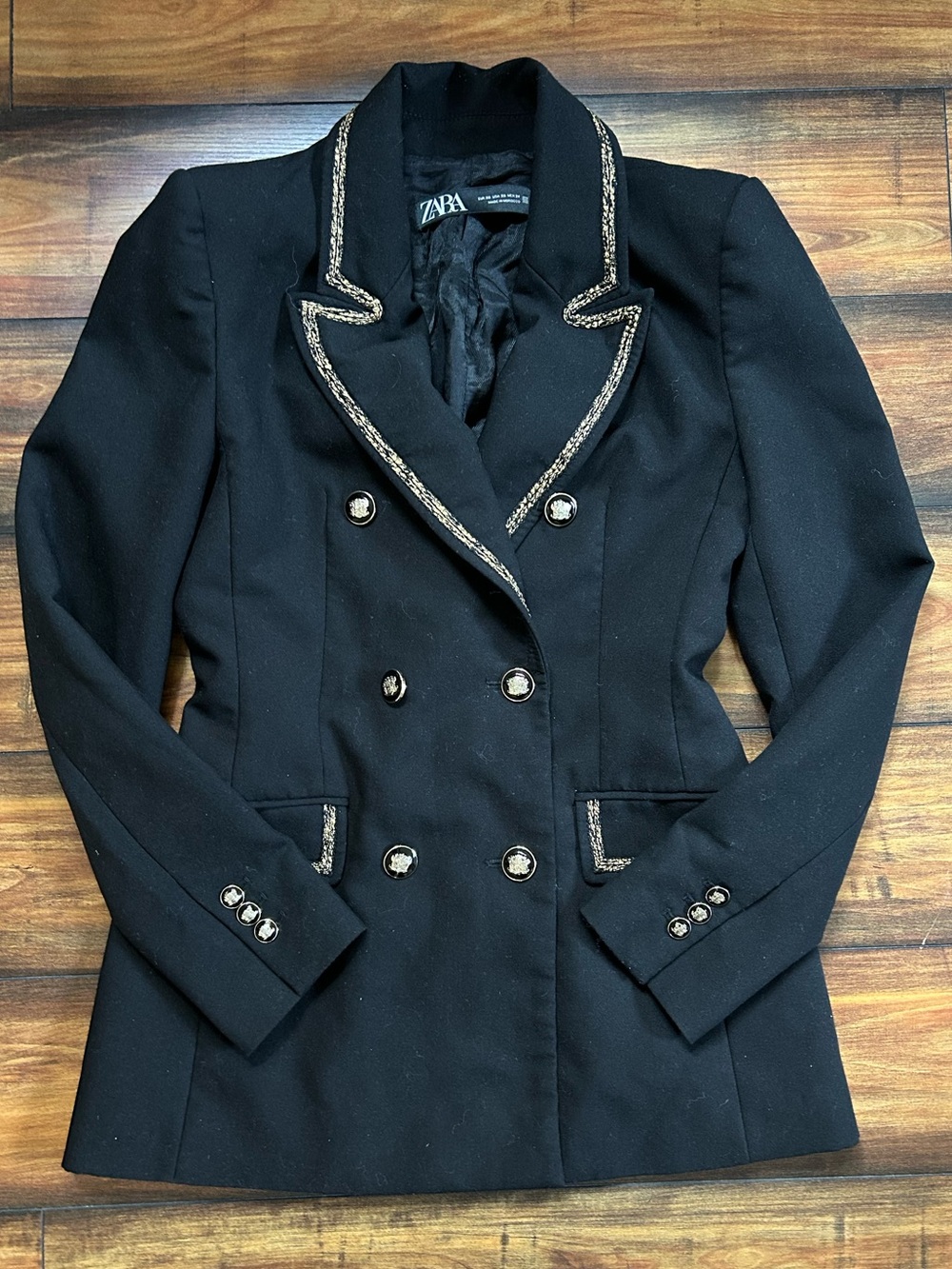 Zara Black Double-Breasted Dark Navy Blazer with Gold Braid Trim sz XS